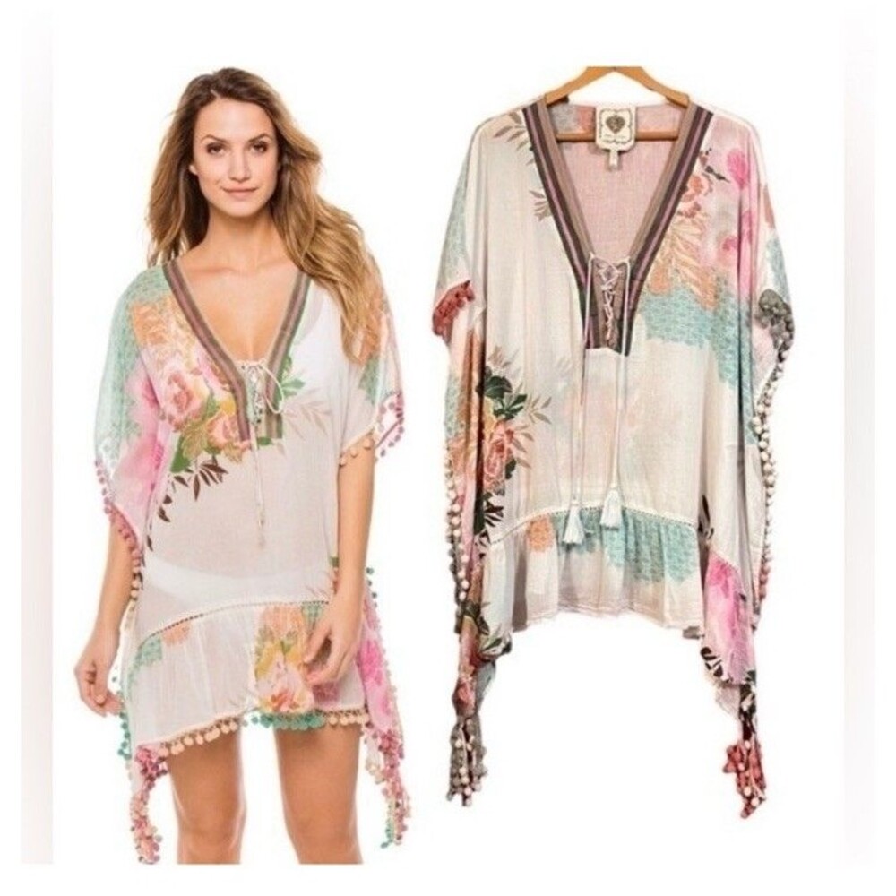 Z&L Europe Boho Floral Print Airy Cotton Pom Pom Caftan Swim Cover Up Size Large